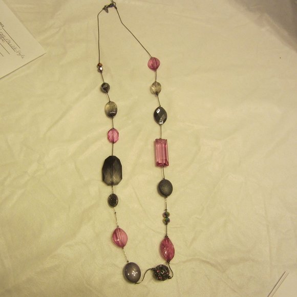 VTG 90'S SIGNED NY, LONG MULTI BEADED NECKLACE, GRAYS & PURPLE - Picture 1 of 3